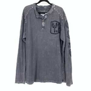 SOLD Affliction Long Sleeve Henley T-Shirt Mens Sz 2XL Dark Gray Graphic *FLAW